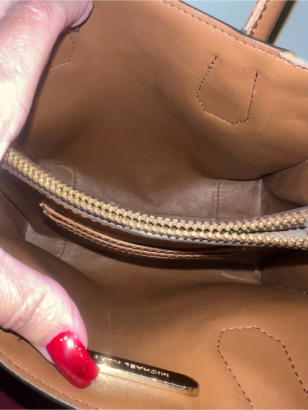 Michael Kors Brown, Tan and White Logo Satchel with Gold Charm